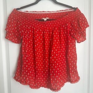 Rewind Women’s Off-The-Shoulder Red Floral Pattern Tiered Short Sleeve Blouse